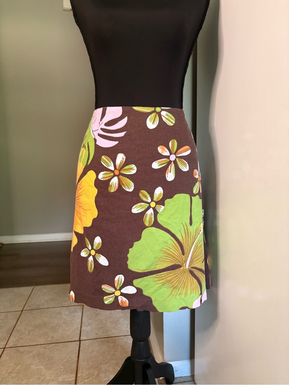 Floral A-Line Mini Skirt in Brown and Green